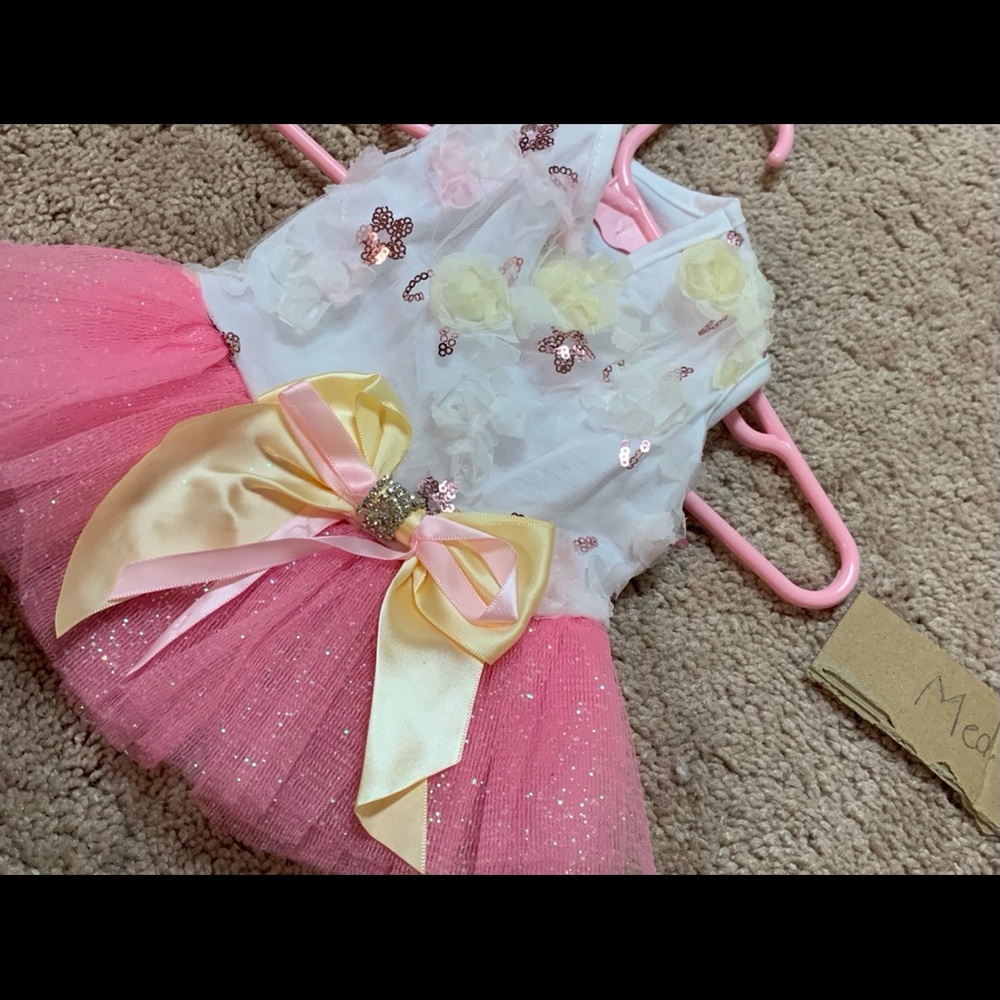 Medium Pink and White Pet Dress with Yellow